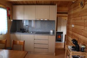 a kitchen with a sink and a stove in a cabin at Casinha do Canto in Góis