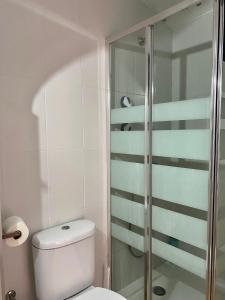 a bathroom with a toilet and a glass shower at APARTAMENTO ARACENA RURAL in Aracena