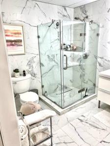 a bathroom with a glass shower and a toilet at Luxury and cozy 1 Bed Condo in the heart of Providence in Providence