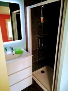 a bathroom with a sink and a shower with a mirror at Maison Chopin in Gramat +15 photos