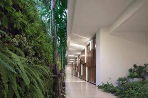 un couloir avec des plantes sur les murs d'un bâtiment dans l'établissement twothree a homely hotel - SHA Extra Plus, à Bangkok