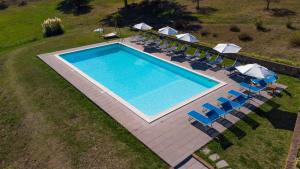 uma vista superior para uma piscina com cadeiras e guarda-sóis em Agriturismo Villalugnano em Lugnano