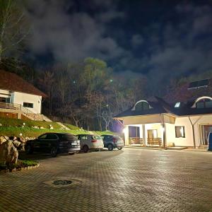 una casa con coches estacionados en un estacionamiento por la noche en Provence Suceava en Suceava