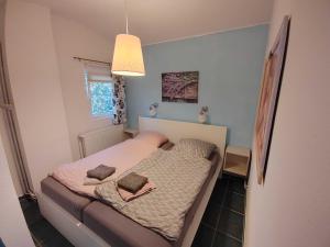 Un pat sau paturi într-o cameră la Ferienhäuschen Alte Schmiede, 35647