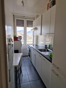 een keuken met witte kasten, een wastafel en een raam bij Top Place in Genève