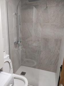 uma casa de banho com um chuveiro, um WC e uma porta de duche em vidro. em Cozy apartment very close to Yumbo Center em Playa del Inglés