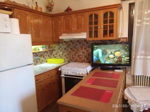a kitchen with wooden cabinets and a tv on a counter at Sea view Dilesi in Dhílesi