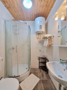 y baño con ducha, aseo y lavamanos. en Studio Heart of the Town, en Dubrovnik