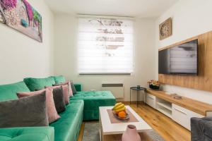a living room with a green couch and a tv at Mountain Eyes Titova vila in Palisad