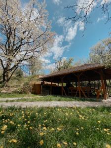 a wooden pavilion in a park with trees and flowers at Cabana Bistra in Bistra Mureşului +17 photos