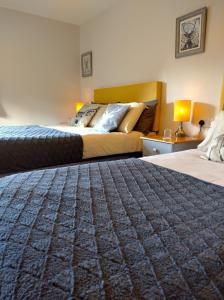 a hotel room with two beds and two lamps at Glenn Eireann House in Cushendun