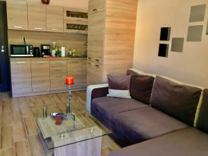 uma sala de estar com um sofá e uma mesa de vidro em Comfort Luxury Apartments em Vratsa