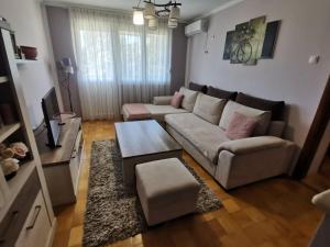 - un salon avec un canapé et une table dans l'établissement Apartman Andrija, à Trebinje