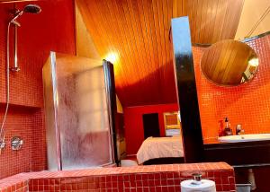 uma casa de banho com um chuveiro e um lavatório. em Buhardilla original em León