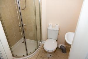 a bathroom with a shower and a toilet and a sink at Alexander Apartments Rooms 2 in South Shields