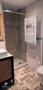 a bathroom with a shower and a toilet and a sink at LES FONTANILLES odeillo chalet 60 WIFI & PARKING gratuit exposé plein sud & plein pied , draps & serviettes de toilettes non inclus, sabanas y toallas no incluidos in Font-Romeu-Odeillo-Via