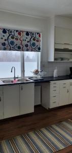 a kitchen with a sink and a window at Lägenheten mitt i byn in Hede