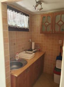 a bathroom with a sink and a counter top at Strand Apartmanok in Bogács