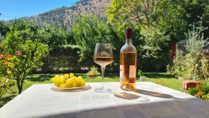 una botella de vino y una copa en una mesa en Veranda B&B, en Berat