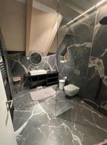 een badkamer met douche, wastafel en toilet bij Sunny Retreat Apartment in Kranjska Gora +51 foto's