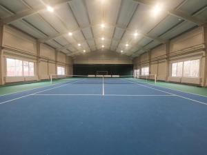 an empty tennis court in a room with windows at Intertranscoop Lake House in Vámosszabadi