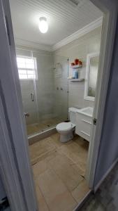 a bathroom with a shower and a toilet and a sink at Carmen Apartment in Bridgetown