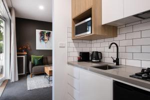 戴尔斯福特Vue Lake Daylesford Studio的带水槽的厨房和客厅