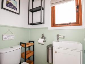a bathroom with a toilet and a sink and a window at Badgers Rest in Tintagel