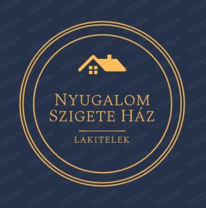 un logo de una casa sobre fondo azul en Nyugalom Szigete Ház en Lakitelek