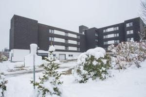 ein schneebedecktes Gebäude mit Bäumen und Sträuchern in der Unterkunft Apartment - Feldstrasse 30-O Winterberg in Winterberg