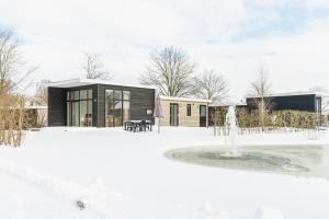 uma casa na neve com uma fonte em Forest lodge with hot tub - 4 people em Rijssen