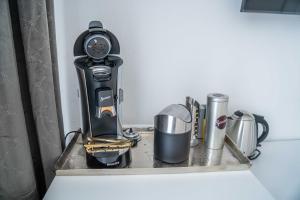 una encimera de cocina con una licuadora encima en City Apartments FN L 6 KLIMATISIERT mit Balkon - Deluxe Doppelzimmer, en Friedrichshafen