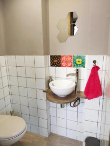 La salle de bains est pourvue d'un lavabo et de toilettes. dans l'établissement Au Village, à Rennes-le-Château