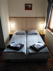 RibnicaにあるKM Apartman Tornik Zlatiborのタオル付きのドミトリールームのベッド2台