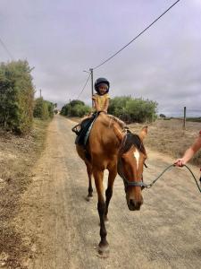 Un bambino che cavalca su un cavallo su una strada sterrata di Ocean House Alentejo a Porto Covo