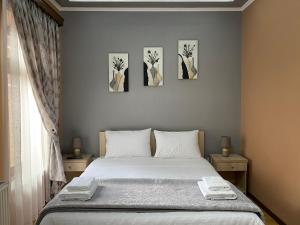 a bedroom with a bed with three paintings on the wall at Vila A Hotel in Korçë