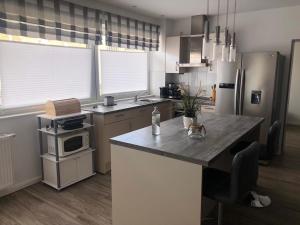a kitchen with a counter with a microwave and a refrigerator at Ferienwohnung Elena in Scharbeutz