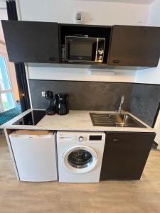 eine Küche mit einer Waschmaschine und einer Mikrowelle in der Unterkunft Le Trendy in Les Gaudinais