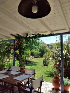 d'une terrasse avec une table et des chaises ainsi que d'un jardin. dans l'établissement VILLA ANDRIANA, à Leucade