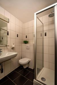 een badkamer met een toilet, een wastafel en een douche bij Hotel Hulsman in Valkenburg