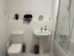 a bathroom with a toilet and a sink and a shower at Queens Apartment - Lovely entire apartment in Sheffield
