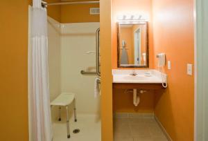 a bathroom with a shower and a sink and a mirror at GrandStay Residential Suites Hotel Faribault in Faribault