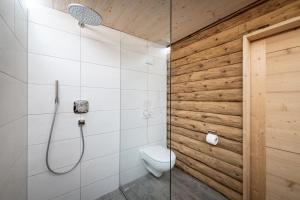 a bathroom with a toilet and a glass shower at Wichtelhütte Silberregion Karwendel in Umlberg