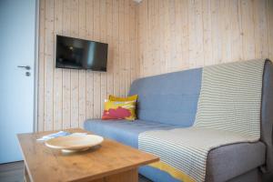 比斯庫佩茲的住宿－Velo Camp nad jeziorem Dadaj，客厅配有蓝色的沙发和桌子