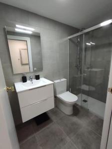 ein Bad mit einem WC, einem Waschbecken und einer Dusche in der Unterkunft Mar y Montaña - l'Hospitalet de l'Infant in Vandellòs i l’Hospitalet de l’Infant