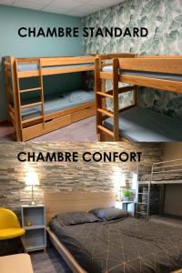 two different views of a bunk room with a bed at Hotel Caplandes in Capbreton