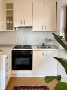 a kitchen with white cabinets and a stove and a sink at Lakeview Guesthouse & Chalet Bled in Bled