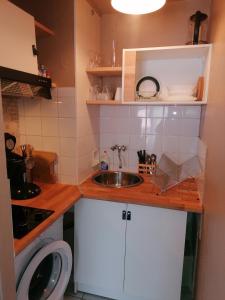 a small kitchen with a sink and a washing machine at Le Valhalla, studio au pied des thermes in Rennes-les-Bains