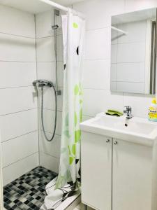 a bathroom with a shower curtain and a sink at Bambus Wohnung in Murrhardt