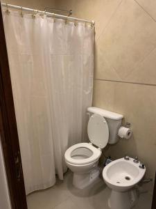 a bathroom with a toilet and a shower curtain at Los Naranjos Departamentos 1 in Concepción
